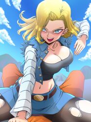 Rule 34 | 1boy, 1girl, absurdres, android 18, belt, blonde hair, blue eyes, blush, breasts, cleavage, cowgirl position, day, dragonball z, evil grin, evil smile, girl on top, grin, highres, jacket, kuririn, leggings, looking at viewer, medium breasts, midriff, mountain, navel, open mouth, pov, sitting, sitting on person, skirt, smile, straddling, torn clothes