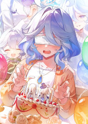 3girls :d ^_^ absurdres ahoge balloon blue_eyes blue_gemstone blue_hair blue_pupils blush breasts cake candle closed_eyes collarbone dasha drop-shaped_pupils fingernails flower food furina_(genshin_impact) gem genshin_impact hair_between_eyes hands_on_another&#039;s_shoulders highres jewelry light_blue_hair medium_breasts multicolored_hair multiple_girls nahida_(genshin_impact) open_mouth pendant pink_flower raiden_shogun revision shirt smile streaked_hair sweat symbol-shaped_pupils teeth upper_body upper_teeth_only white_blindfold white_flower white_hair white_shirt