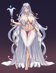 Rule 34 | 1girl, absurdly long hair, barefoot, blue gemstone, breast curtains, breasts, elf, feng mouren, full body, gem, gem hair ornament, gradient background, grey hair, highres, holding, holding staff, horns, huge breasts, long hair, navel, nipples, original, pelvic curtain, phallic symbol, pink nails, pointy ears, pussy, red eyes, revealing clothes, simple background, solo, staff, standing, thick thighs, thighs, very long hair, white hair, wide hips