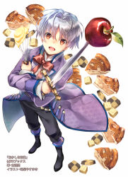 Rule 34 | 1boy, :d, apple, apple pie, batter, black footwear, black pants, boots, bow, bowtie, brown eyes, checkerboard cookie, cookie, copyright notice, cover, cover page, food, fruit, full body, glint, grey hair, highres, holding, holding sword, holding weapon, jacket, male focus, novel cover, official art, okashi na tensei, open mouth, pants, pastry mille morteln, pie, purple jacket, red bow, red bowtie, shuri yasuyuki, smile, solo, standing, sword, weapon, whisk, white background