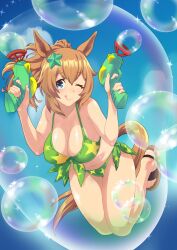 Rule 34 | 1girl, absurdres, alternate costume, animal ears, bikini, blue eyes, blue sky, breasts, brown hair, bubble, bubble gun, cleavage, closed mouth, commentary request, front-tie bikini top, front-tie top, hair between eyes, hair ornament, highres, horse ears, horse girl, horse tail, kazakoshi nonta, large breasts, looking at viewer, medium hair, midair, navel, one eye closed, outdoors, sandals, side-tie bikini bottom, sky, smile, soap bubbles, swimsuit, taiki shuttle (umamusume), tail, tongue, tongue out, two-tone bikini, umamusume