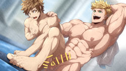Rule 34 | 2boys, abs, bar censor, bara, blonde hair, brown eyes, brown hair, censored, completely nude, erection, gran (granblue fantasy), granblue fantasy, green eyes, highres, holding, holding towel, imminent anal, imminent penetration, kuroshinki, large pectorals, looking at another, male focus, multiple boys, muscular, muscular male, navel, nipples, nude, open mouth, paid reward available, pectorals, penis, short hair, smile, towel, vane (granblue fantasy), yaoi