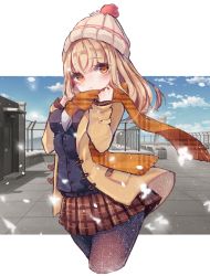 Rule 34 | 1girl, arms up, beanie, black cardigan, black pantyhose, blonde hair, blush, cardigan, cloud, coat, commission, cropped legs, cut-in, hat, highres, long sleeves, looking at viewer, medium hair, outdoors, pantyhose, plaid, plaid skirt, rooftop, scarf, school uniform, shirt, skirt, sky, snowflakes, solo, soulworker, white shirt, winter, yellow coat, yellow eyes, yellow scarf, yomi yojo