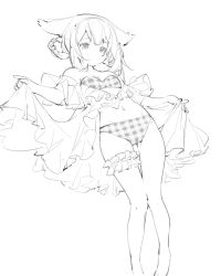 Rule 34 | 1girl, alternate costume, animal ears, arknights, bikini, braid, bridal garter, clothes lift, feet out of frame, fox ears, greyscale, hairband, highres, lifted by self, long hair, looking at viewer, monochrome, navel, plaid, plaid bikini, qinghejunzi, sarong, sarong lift, simple background, sketch, solo, stomach, strapless, strapless bikini, suzuran (arknights), swimsuit, white background