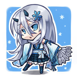 Rule 34 | 1girl, bad id, bad pixiv id, blue eyes, chibi, chroma000, chroma (chroma000), detached sleeves, hand fan, folding fan, frilled skirt, frills, hair ornament, horns, long hair, looking at viewer, open mouth, original, scarf, silver hair, skirt, solo, thighhighs, zettai ryouiki