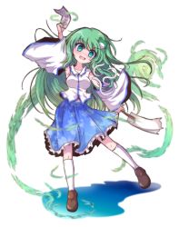 Rule 34 | 1girl, arm up, armpits, blue skirt, brown footwear, detached sleeves, frilled skirt, frills, frog hair ornament, full body, gohei, green eyes, green hair, hair ornament, highres, holding, kochiya sanae, long hair, looking at viewer, open mouth, shen li, shoes, skirt, snake hair ornament, socks, solo, standing, touhou, transparent background, white socks, wide sleeves