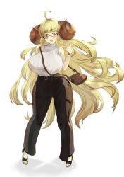 Rule 34 | 1girl, ahoge, alternate costume, anila (granblue fantasy), bag, bare shoulders, belt, bespectacled, blonde hair, breasts, casual, curled horns, draph, gitai (gitai nofigure), glasses, granblue fantasy, handbag, high-waist pants, high heels, highres, hikimayu, horns, large breasts, long hair, open mouth, pants, ribbed shirt, see-through, shirt, sleeveless, sleeveless turtleneck, smile, solo, thigh strap, turtleneck, very long hair, watch, waving, wide hips, wristwatch, yellow eyes