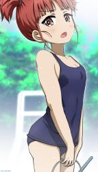 Rule 34 | 1girl, absurdres, artist name, blue one-piece swimsuit, blue sky, blunt bangs, blurry, blurry background, blush, breasts, commentary, covered navel, dated, day, depth of field, frown, girls und panzer, hair tie, highres, holding, looking at viewer, mikko (girls und panzer), old school swimsuit, one-piece swimsuit, open mouth, outdoors, red eyes, red hair, school swimsuit, short hair, short twintails, sky, small breasts, solo, standing, swimsuit, tonan leopard, twintails