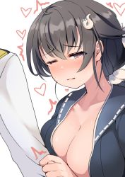 Rule 34 | 1boy, 1girl, absurdres, admiral (kancolle), black hair, blue serafuku, breasts, cleavage, dyson (edaokunnsaikouya), hair flaps, highres, jingei (kancolle), kantai collection, large breasts, long hair, low ponytail, one eye closed, open clothes, red eyes, school uniform, serafuku, simple background, solo focus, trembling, white background
