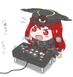 Rule 34 | 1girl, arcade stick, blazblue, blush stickers, chibi, controller, fang, game controller, hatsune negame, himouto! umaru-chan, hori (company), joystick, long hair, parody, playing games, red eyes, red hair, simple background, solo, style parody, third eye, tsubaki yayoi, winged hat