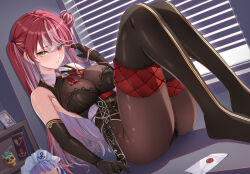 Rule 34 | 1girl, ascot, black gloves, breasts, cleavage, colored inner hair, elbow gloves, envelope, gloves, hair bun, hand up, heterochromia, highres, hololive, houshou marine, houshou marine (marching band), iroha (unyun), knees up, large breasts, leaning back, legs, long hair, minato aqua, multicolored hair, no shoes, official alternate costume, official alternate hair length, official alternate hairstyle, pantyhose, parted lips, red ascot, red eyes, red hair, see-through, see-through cleavage, shelf, sideways, sitting, solo, streaked hair, stuffed toy, thighhighs, thighs, very long hair, virtual youtuber, white hair, window, window blinds, wing collar, yellow eyes
