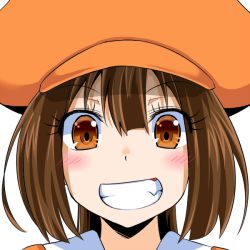 Rule 34 | 1girl, arc system works, blush, brown eyes, brown hair, eyelashes, fang, grin, guilty gear, hat, long hair, may (guilty gear), orange hat, poncocchan, portrait, smile, solo