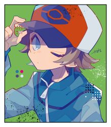 Rule 34 | 1boy, auko, baseball cap, blue eyes, blue jacket, border, brown hair, color guide, commentary request, creatures (company), frown, game freak, green background, hat, hilbert (pokemon), jacket, looking at viewer, male focus, nintendo, one eye closed, poke ball print, pokemon, pokemon bw, short hair, signature, simple background, solo, splatter, visor cap