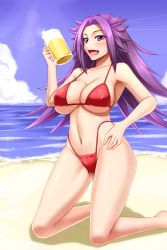 Rule 34 | 10s, 1girl, akitsuki karasu, alcohol, beach, beer, bikini, highres, jun&#039;you (kancolle), kantai collection, purple eyes, purple hair, solo, swimsuit