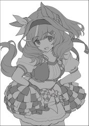 Rule 34 | 1girl, animal ears, border, breasts, crop top, cropped jacket, greyscale, hair ornament, hairband, hairclip, hands on own hips, highres, holding, holding pom poms, horse ears, horse girl, horse tail, long hair, looking at viewer, matikane tannhauser (blue turbulence) (umamusume), matikane tannhauser (umamusume), midriff, monochrome, multicolored hair, navel, open mouth, pom pom (cheerleading), pom poms, ponytail, shiro3necro, shirt, short sleeves, skirt, small breasts, smile, solo, streaked hair, tail, umamusume