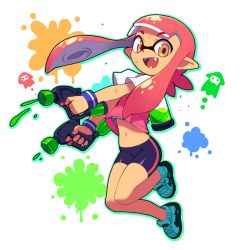 Rule 34 | 1girl, bike shorts, domino mask, fangs, full body, inkling player character, legs, long hair, looking at viewer, mask, metata, navel, nintendo, open mouth, orange hair, pointy ears, shirt, shoes, short sleeves, smile, sneakers, solo, splatoon (series), sweat, t-shirt, tentacle hair, tongue, vest, water gun, white background, yellow eyes