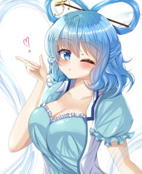 Rule 34 | 1girl, absurdres, blowing kiss, blue dress, blue eyes, blue hair, blush, breasts, cleavage, collarbone, commentary request, dress, frills, hagoromo, hair ornament, hair rings, hair stick, hand up, heart, highres, huge filesize, kaku seiga, large breasts, looking at viewer, one eye closed, open clothes, open vest, parted lips, puffy short sleeves, puffy sleeves, reijing etrn, shawl, short sleeves, simple background, solo, touhou, upper body, vest, white background, white vest