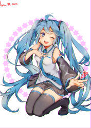 Rule 34 | 1girl, ;d, artist name, black skirt, black sleeves, black thighhighs, blue eyes, blue hair, blue nails, blue necktie, boots, collared shirt, detached sleeves, floating hair, foreshortening, full body, grey shirt, hair ornament, hatsune miku, headphones, headset, kneeling, kyashii (a3yu9mi), long hair, long sleeves, looking at viewer, microphone, miniskirt, nail polish, necktie, one eye closed, open mouth, pleated skirt, shirt, skirt, sleeveless, sleeveless shirt, smile, solo, thigh boots, thighhighs, twintails, very long hair, vocaloid, white background, wing collar, zettai ryouiki