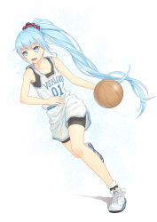 Rule 34 | 1girl, anarchojs, ball, basketball, basketball (object), blue eyes, blue hair, copyright name, full body, hatsune miku, highres, long hair, open mouth, pantyhose, pantyhose under shorts, ponytail, shoes, shorts, simple background, sneakers, solo, very long hair, vocaloid, white background