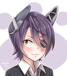 Rule 34 | 10s, 1girl, :3, absurdres, bad id, bad pixiv id, blush, character name, dated, eyepatch, headgear, highres, kantai collection, looking away, necktie, one eye covered, pixiv username, plasbott, purple hair, school uniform, short hair, signature, solo, tenryuu (kancolle), yellow eyes