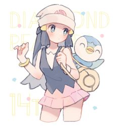 Rule 34 | 1girl, anniversary, bag, beanie, black shirt, bracelet, creatures (company), dawn (pokemon), english text, game freak, gen 4 pokemon, grey eyes, grey hair, hair ornament, hairclip, hat, highres, holding strap, jewelry, long hair, looking at another, nig 18, nintendo, pastel colors, pink skirt, piplup, poke ball symbol, pokemon, pokemon (creature), pokemon dppt, shirt, shoulder bag, skirt, sleeveless, sleeveless shirt, waving, white headwear, yellow bag, yellow bracelet