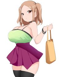 Rule 34 | 1girl, bare shoulders, bebebe (pepegakii), black thighhighs, blush, breasts, brown eyes, camisole, choker, cleavage, collarbone, green camisole, high-waist skirt, highres, large breasts, light brown hair, looking at viewer, original, purple skirt, short hair, simple background, skirt, solo, thighhighs, thighs, two side up, white background