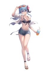 Rule 34 | 1girl, absurdres, bikini, bikini top only, blue eyes, blue hair, breasts, cleavage, drink, eyewear on head, flower, grin, hair flower, hair ornament, highres, holding, holding drink, hololive, hoshimachi suisei, long hair, looking at viewer, medium breasts, parted lips, sandals, short shorts, shorts, smile, sunglasses, swimsuit, tokisaka makoto, virtual youtuber, white background