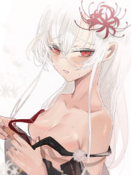 Rule 34 | 1girl, at2., bare shoulders, blush, breasts, flower, hair between eyes, hair flower, hair ornament, hands up, highres, long hair, looking at viewer, nail polish, original, parted lips, red eyes, red flower, red nails, simple background, small breasts, solo, spider lily, upper body, white background, white hair