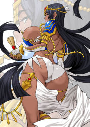 Rule 34 | 1girl, ass, bandaged arm, bandages, black hair, breasts, dark-skinned female, dark skin, fate/grand order, fate (series), huge breasts, jewelry, lips, long hair, looking at viewer, looking back, multiple views, panties, parted lips, pelvic curtain, scheherazade (fate), solo, thick thighs, thighs, underwear, very long hair, weapon, white background, white panties, yukiyanagi