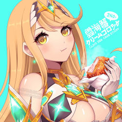 Rule 34 | 1girl, armor, artist name, bare shoulders, blonde hair, breasts, cleavage, dot nose, earrings, eating, english text, eyebrows, eyelashes, female focus, floating hair, food, food wrapper, gem, gloves, hair ornament, hairband, headpiece, holding, holding food, japanese text, jewelry, kamaniki, large breasts, mythra (xenoblade), simple background, solo, twitter username, watermark, xenoblade chronicles (series), xenoblade chronicles 2, yellow eyes