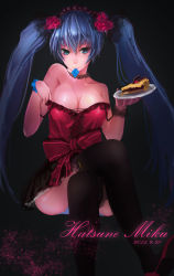 Rule 34 | 10s, 1girl, 2015, absurdres, aqua eyes, bad id, bad pixiv id, blue hair, breasts, character name, cleavage, condom, condom in mouth, ctrlz77, dated, female focus, flower, food, hair flower, hair ornament, hatsune miku, highres, large breasts, crossed legs, long hair, mouth hold, sitting, skirt, solo, thighhighs, twintails, very long hair, vocaloid