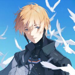 Rule 34 | 1boy, armor, asymmetrical sleeves, bird, black jacket, blonde hair, blue sky, chinese commentary, collared jacket, commentary, cyborg, flock, hair between eyes, jacket, lee: hyperreal (punishing: gray raven), lee (punishing: gray raven), looking at viewer, looking to the side, male focus, mechanical parts, nery, open clothes, open jacket, portrait, punishing: gray raven, see-through armor, shoulder armor, sky, smile, solo, white bird