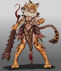 Rule 34 | 1girl, animal hands, blonde hair, breasts, cat girl, cat tail, claws, cleavage, club (weapon), commentary request, dark-skinned female, dark skin, grin, highres, holding, holding weapon, jaguar girl, large breasts, loincloth, looking at viewer, monster girl, monster girl encyclopedia, ocelomeh (monster girl encyclopedia), ponytail, simple background, slit pupils, smile, solo, standing, tail, tribal, udetamago, weapon, yellow eyes