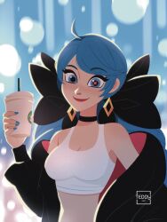 Rule 34 | 1girl, black bow, black choker, black coat, blue hair, blue nails, bow, breasts, choker, cleavage, coat, coffee cup, cup, disposable cup, earrings, gwen (league of legends), hair bow, jewelry, league of legends, long hair, looking at viewer, medium breasts, smile, solo, symbol in eye, teddy teddd