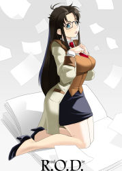 Rule 34 | 00s, 1girl, bad id, bad pixiv id, black hair, blue eyes, breasts, glasses, high heels, huge breasts, impossible clothes, impossible shirt, large breasts, long hair, maou alba, necktie, paper, read or die, red necktie, shirt, shoes, skirt, solo, yomiko readman