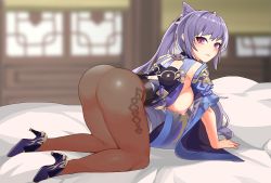 Rule 34 | 1girl, all fours, artist request, ass, bare shoulders, bed, blush, bodystocking, breasts, detached sleeves, genshin impact, hair ornament, hanging breasts, high heels, keqing (genshin impact), large breasts, long hair, looking back, nipples, pantyhose, pink eyes, purple hair, shiny clothes, shiny skin, solo, twintails, very long hair