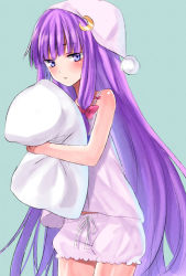 Rule 34 | 1girl, bad id, bad pixiv id, bare shoulders, bloomers, blush, bow, crescent, crescent hair ornament, crescent moon, female focus, hair bow, hair ornament, hat, long hair, midorikawa you, moon, nightcap, hugging object, patchouli knowledge, pillow, pillow hug, purple eyes, purple hair, solo, touhou, underwear, very long hair