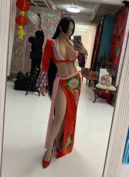 Rule 34 | 1girl, boa hancock, boa hancock (cosplay), breasts, cape, cellphone, cleavage, cosplay, earrings, female focus, freekn you, full body, highres, jewelry, large breasts, lips, long hair, looking at viewer, navel, one piece, phone, photo (medium), real life, sarong, solo
