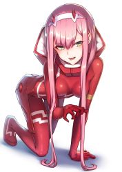 Rule 34 | 10s, 1girl, all fours, bad id, bad pixiv id, blush, bodysuit, breasts, commentary request, darling in the franxx, green eyes, hairband, horns, long hair, looking at viewer, medium breasts, open mouth, pink hair, red bodysuit, ryuinu, shiny clothes, skin tight, smile, solo, teeth, tongue, white hairband, zero two (darling in the franxx)