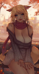 Rule 34 | 1girl, animal ears, autumn, autumn leaves, warrior of light (ff14), bare shoulders, blonde hair, blue eyes, blurry, blurry background, braid, breasts, cat ears, cat tail, cleavage, commentary, commission, dark-skinned female, dark skin, earrings, english commentary, final fantasy, final fantasy xiv, flower, hair flower, hair ornament, jewelry, large breasts, looking at viewer, miqo&#039;te, nail polish, scarf, short hair, sitting, slit pupils, solo, soranamae, sweater, tail, veins, veiny breasts