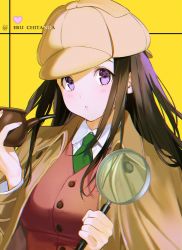 Rule 34 | 1girl, alternate costume, blush, breasts, brown hair, character name, chitanda eru, collared shirt, commentary request, green necktie, hands up, hat, heart, heart print, highres, holding, hyouka, jacket, large breasts, long hair, long sleeves, looking at viewer, magnifying glass, mery (yangmalgage), necktie, parted lips, playing card theme, purple eyes, shirt, signature, solo, upper body, vest, white shirt, wing collar, yellow background