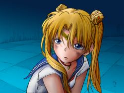 1girl absurdres bishoujo_senshi_sailor_moon blonde_hair blue_eyes blue_sailor_collar breasts bruise choker cleavage collarbone crescent crescent_earrings derivative_work diadem double_bun earrings fred_gallagher heart heart_choker highres injury jewelry long_hair looking_at_viewer meme red_choker sailor_collar sailor_moon sailor_moon_redraw_challenge_(meme) sailor_senshi sailor_senshi_uniform screenshot_redraw solo tsukino_usagi twintails upper_body