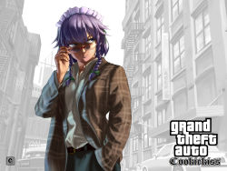 Rule 34 | 1girl, 2girls, adjusting eyewear, aki minoriko, belt, black belt, blazer, blood, blood on clothes, blue eyes, bow, braid, brown jacket, car, city, closed mouth, collared shirt, commentary request, cookie (touhou), cowboy shot, grand theft auto, grand theft auto: san andreas, grand theft auto iv, green bow, grey hair, greyscale, hair between eyes, hair bow, hand in pocket, highres, izayoi sakuya, jacket, long sleeves, looking to the side, maid headdress, megafaiarou (talonflame 810), monochrome, motor vehicle, multiple girls, nosebleed, plaid, plaid jacket, red-framed eyewear, ryuuga (cookie), shirt, shirt tucked in, short hair, solo focus, stairs, standing, touhou, white shirt