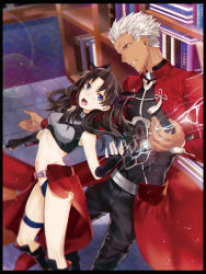 Rule 34 | 1boy, 1girl, archer (fate), archer (fate) (cosplay), bad id, bad pixiv id, blue eyes, book, cosplay, dark-skinned male, dark skin, fate/stay night, fate (series), kyo zip, long hair, official alternate costume, tohsaka rin, two side up, white hair