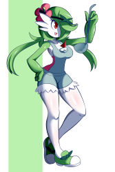 Rule 34 | 1girl, absurdres, arm up, bare shoulders, breasts, clothed pokemon, collarbone, colored skin, cosplay, creatures (company), female focus, flower, full body, game freak, gardevoir, gen 3 pokemon, green footwear, green hairband, green skin, hair flower, hair ornament, hair over one eye, hairband, hand on own hip, happy, heel up, highres, holding, ladle, long hair, lucyfer, mallow (pokemon), mallow (pokemon) (cosplay), medium breasts, multicolored skin, nintendo, open mouth, overalls, pink flower, pink shirt, pokemon, pokemon sm, red eyes, shiny skin, shirt, shoes, simple background, smile, solo, standing, strapless, strapless shirt, swept bangs, twintails, two-tone background, two-tone skin, white skin