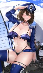 Rule 34 | 1girl, absurdres, azur lane, baltimore (azur lane), baltimore (finish line flagbearer) (azur lane), bikini, blush, breasts, brown hair, chain, choker, cleavage, collarbone, cropped jacket, flag, hair between eyes, hands up, hat, highleg, highleg bikini, highres, large breasts, long hair, looking at viewer, medium hair, navel, one eye closed, race queen, rei tuki, salute, sitting, solo, swimsuit, thigh strap, thighhighs, tire