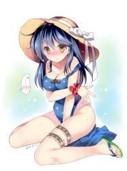 Rule 34 | ..., 10s, 1girl, black hair, blush, breasts, bridal garter, brown eyes, cleavage, female focus, gradient background, hat, kantai collection, large breasts, long hair, looking at viewer, one-piece swimsuit, polka dot, polka dot swimsuit, rei (rei&#039;s room), revision, sandals, sitting, solo, spoken blush, spoken ellipsis, strap slip, sun hat, swimsuit, ushio (kancolle), wariza