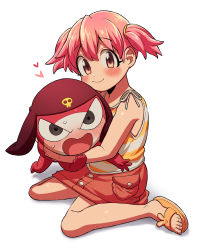 Rule 34 | absurdres, closed mouth, frog, giroro, hat, heart, highres, hinata natsumi, keroro gunsou, long hair, looking at viewer, open mouth, pink eyes, pink hair, ribbon, sandals, sasar1211, shirt, shorts, simple background, sleeveless, sleeveless shirt, smile, striped clothes, striped shirt, sweat, twintails, white background