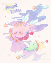 Rule 34 | :d, cupid kirby, angel wings, arrow (projectile), artist name, blue eyes, blush, bow (weapon), character name, commentary request, constellation, copy ability, cupid kirby, cupie, feathered wings, halo, heart, heart arrow, holding, holding arrow, holding bow (weapon), holding weapon, kirby, kirby (series), midooka (o k k), nintendo, no humans, open mouth, signature, simple background, smile, sparkle, star (sky), star (symbol), weapon, white background, white wings, wings