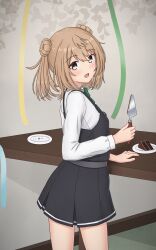 Rule 34 | 1girl, absurdres, black dress, brown eyes, cake, cake slice, cake slicer, collared shirt, commentary, cowboy shot, double bun, dress, dress shirt, english commentary, food, from behind, hair bun, highres, kantai collection, konato k, light brown hair, long hair, looking at viewer, looking back, michishio (kancolle), michishio kai ni (kancolle), mixed-language commentary, pinafore dress, shirt, short twintails, sleeveless dress, solo, standing, table, twintails, white shirt